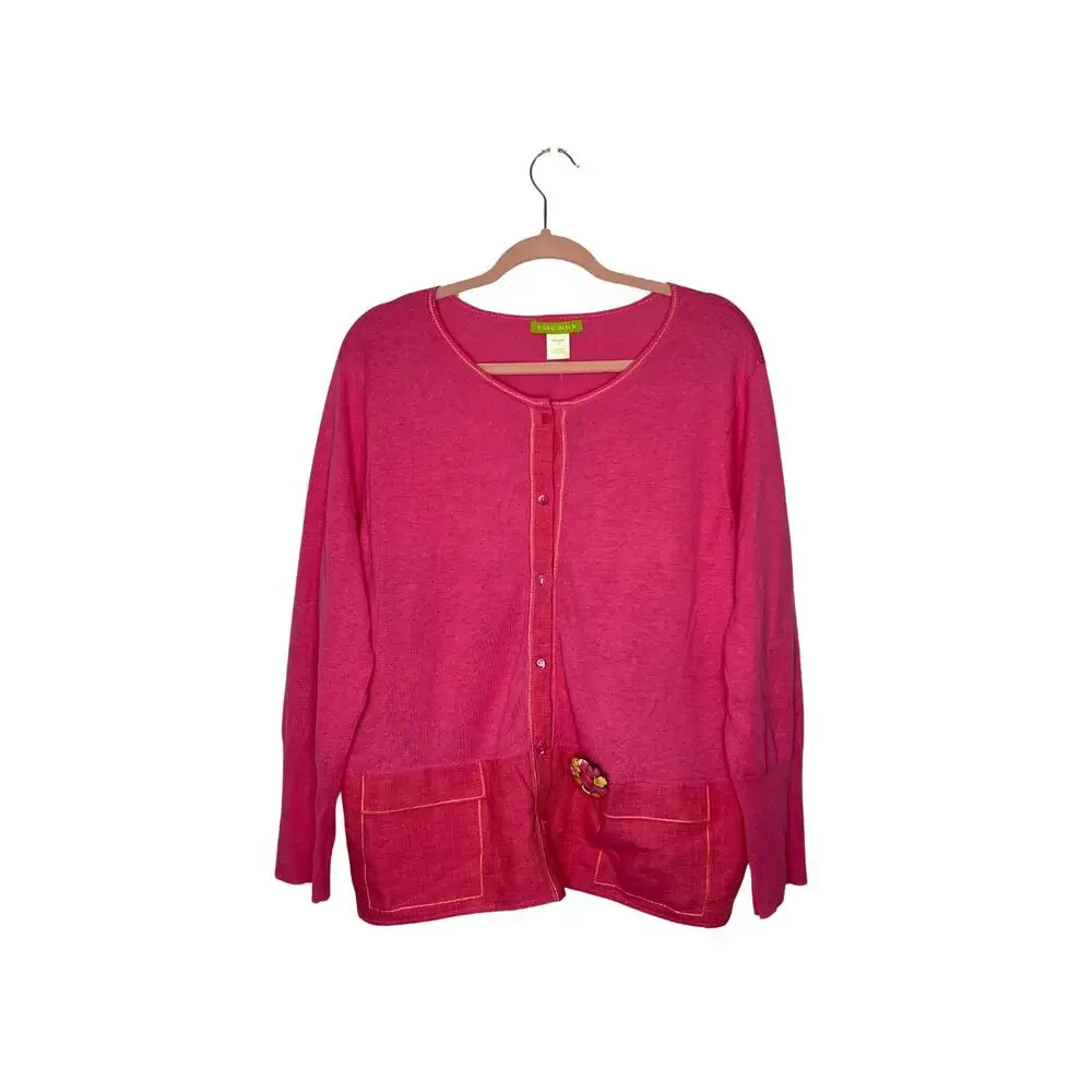 NWT Sigrid Olsen Fiesta Samba Island Flower Pink Long Sleeve Button Sweater 1X